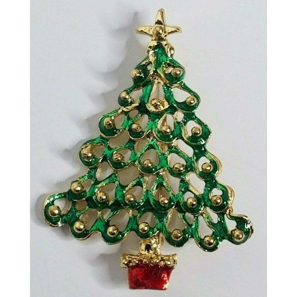 Gold Tone Ornaments Christmas Tree Star Red Stand Vintage Brooch Pin